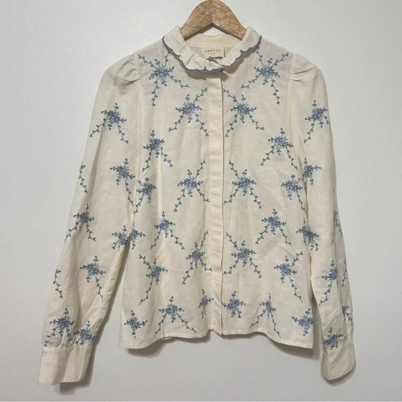 Sezane Floral Linen Embroidered Top Size EU 34 US 2 Ambre Shirt cotton Blue - Picture 2 of 11